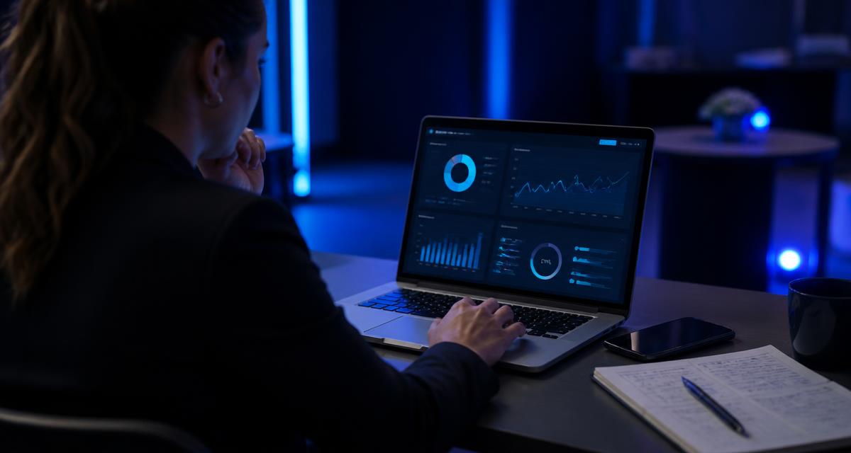 Event organiser reviewing event ROI metrics on a laptop dashboard after an in-person event